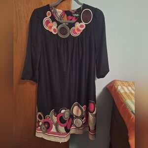 LuLuvia Black 100% Viscose Midi Line Dress W/ Bold Color Embroidery Size L